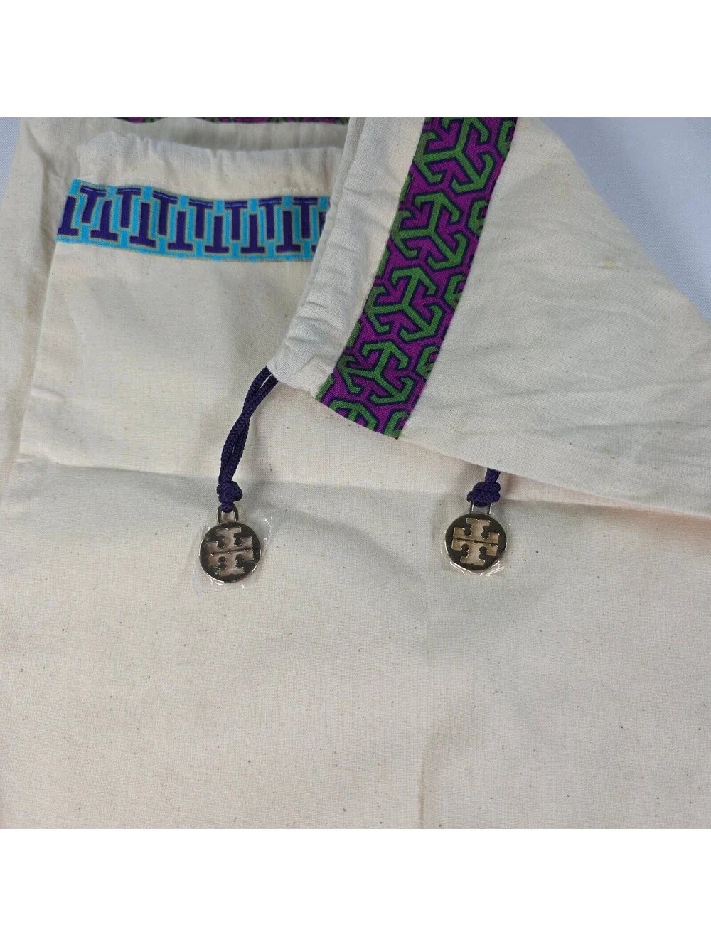 New Tory Burch Canvas Dust Bag Set of 2 Logo Drawstring Gold Charm Cream Multi